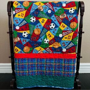 40”x56” Kids Sports Quilt Handmade Multicolor Football Baseball Sports .
